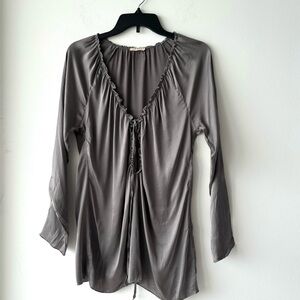 Braez Silk Blouse Silver Long Sleeve Keyhole Neck Satin Womens Small Whimsigoth